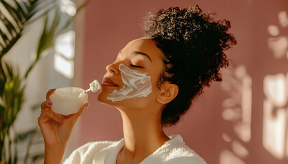 A woman applying a deep conditioning hair mask, focusing on the benefits of intensive hydration and hair repair treatments AI Generated