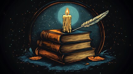 Nighttime book stack, candle, quill, moonlit background; reading, learning, literature.