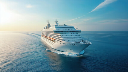 Stunning aerial view of a white luxury cruise ship sailing through the ocean with contrail