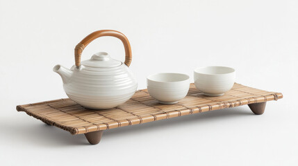 Elegant White Tea Set on Bamboo Tray with Minimalist Design