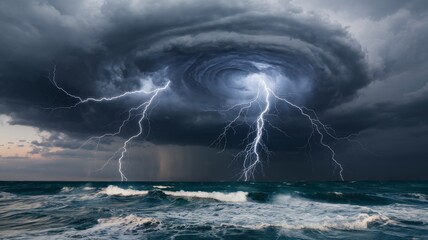 Powerful storm over the ocean with dramatic lightning and swirling clouds