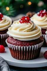 Delicious red velvet cupcakes with cream cheese frosting and berries