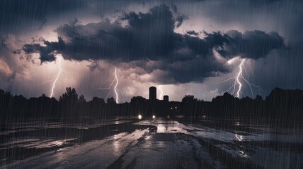 Multiple lightning strikes over urban skyline at night with dark storm clouds and reflections on wet ground during heavy rainfall