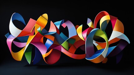A collection of colorful, interlocking geometric forms in dynamic motion