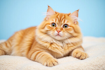 fluffy orange ginger cat sitting on soft beige blanket blue bg