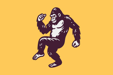 Funny dancing gorilla. Vintage vector retro illustration. Logo, icon, isolated object