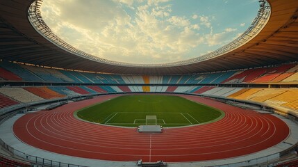 Colorful Stadium Track And Field Under Cloudy Sky