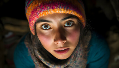 A young Argentine woman, her face alight with a surprised look, reflecting a moment of wonder AI Generated