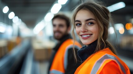Young workers in safety vests smile during a busy shift at a distribution center, showcasing teamwork and dedication to their roles in logistics and warehousing operations