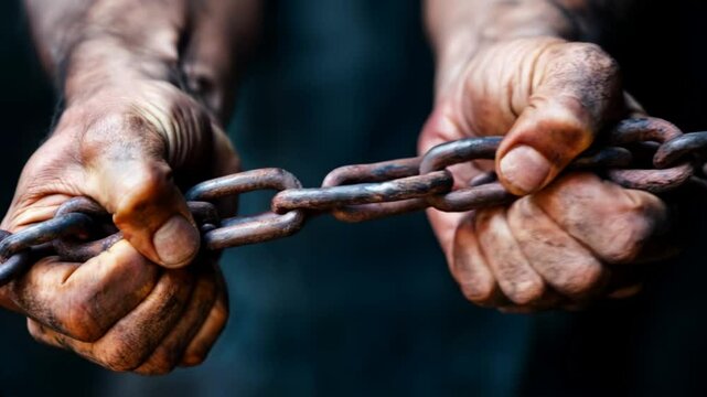 Hands gripping heavy metal chains stained with dirt, symbolizing struggle and captivity