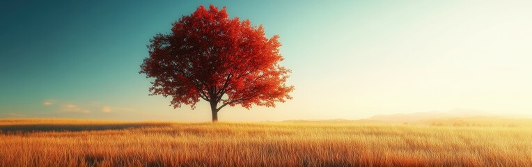 Vibrant red tree stands alone in a golden field during sunset