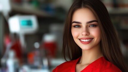 Obraz premium Medical professional smiling while wearing scrubs in a healthcare environment during daytime