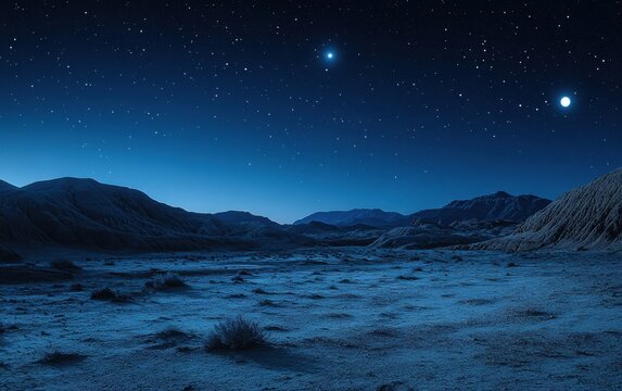 Starlit desert landscape with bright celestial bodies visible under a clear night sky