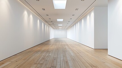 Obraz premium A long corridor with polished wooden flooring and recessed ceiling lights, isolated on a white background to emphasize its contemporary design. 8k UHD, suitable for high-quality printing or 