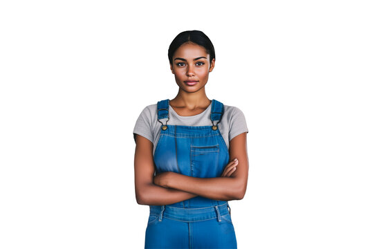 portrait of a young mixed race woman mechanic garage worker plomber wearing blue overalls, isolated white background