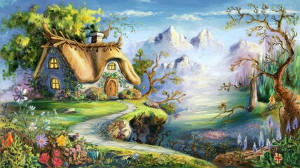 Naklejka premium Storybook-style fantasy illustration of a cozy cottage in the mountains