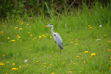Fototapeta premium serene natural scene solitary heron meadow wildflowers