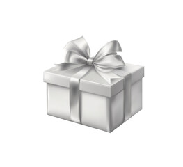 Obraz premium Elegant silver gift box wrapped with a satin ribbon bow, perfect for special occasions, celebrations, and luxurious gifts. Isolated on transparent background, png.