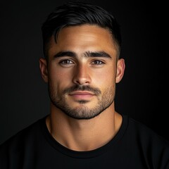 Obraz premium Young man with strong features and intense gaze in a dark setting