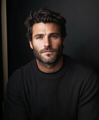 Obraz premium Handsome man with dark hair and beard wearing a black sweater