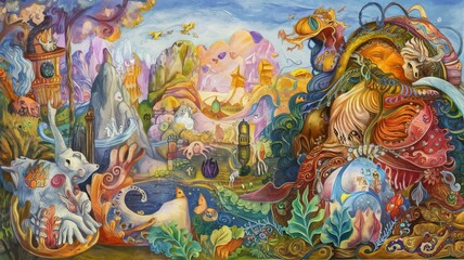 Naklejka premium Fantasy world with enchanted landscapes, mythical creatures, and surreal colors