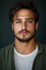 Obraz premium Handsome young man with striking features poses for a close-up portrait