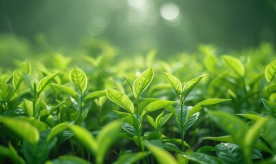 Fototapeta premium 晨曦茶园茶叶农作物绿色生态环保背景