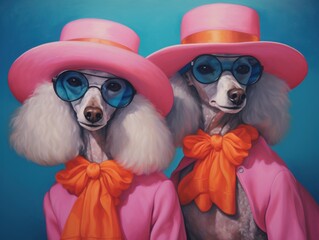 Fototapeta premium Stylish poodles dress in pink hats and sunglasses for a glamorous outing in a vibrant setting