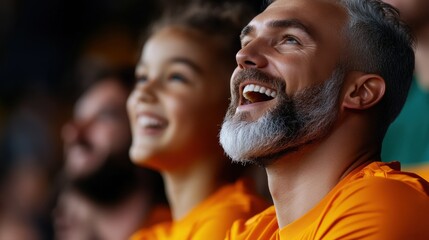 Fototapeta premium Fans enjoy an exciting game at the stadium with laughter and joy during a thrilling sports event in the evening hours