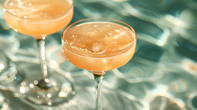 Two glasses of a drink with ice cubes in them are floating in a pool of water