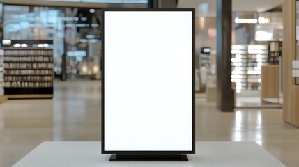 Blank vertical digital signage kiosk in modern retail store interior.