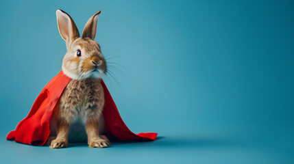 Obraz premium Rabbit is wearing a red cape and standing on a blue background