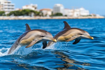 Naklejka premium Dolphins jumping playfully in crystal clear waters coastal resort wildlife photography sunny day underwater perspective marine life adventure