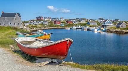 Fototapeta premium Colorful Fishing Boats Docked Near Quaint Coastal Houses