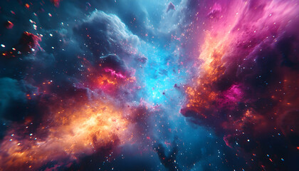 Abstract explosion of cosmic power with blue nebula and lightning, blending chemistry and physics with glowing plasma energy AI Generated