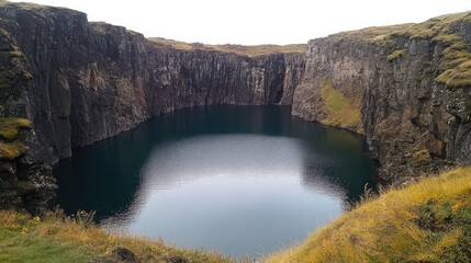 Fototapeta premium Dark water lake nestled within steep volcanic cliffs