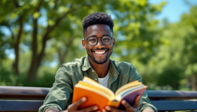 Joyful Reader, A Young Man Relaxes with a Book on a Sunny Day, His Smile Reflecting the Pleasure of the Story Unfolding Before Him in the Park,