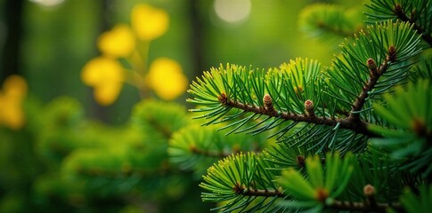 Pine needles covering all yellow ginkgo leaves in a dense layer of greenery, leaf, nature, forest