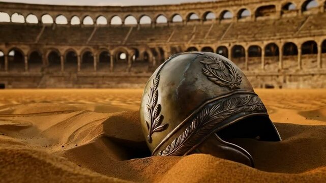 A gladiator helm in the sand of the arena