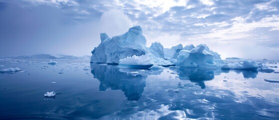 Fototapeta premium Landscape with floating ice floes in calm water. Suitable for environmental articles, tourist guides on the Arctic and Antarctica.