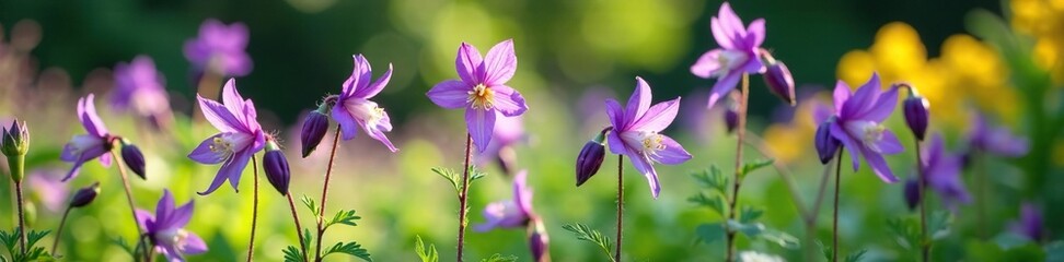 Fototapeta premium Purple Columbine flowers growing in the garden among other plants, wildflowers, , aquilegia