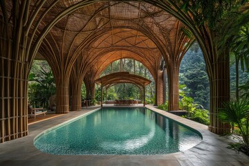 Fototapeta premium A tropical retreat with open-plan architecture, bamboo accents, and a serene infinity pool surrounded by greenery