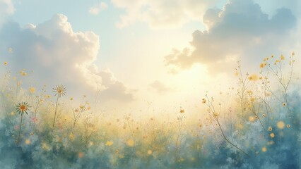 Sunlight breaking through clouds over wildflower meadow with soft blue and yellow tones, creating a peaceful natural atmosphere