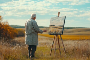 Senior painter painting a landscape in a field during a sunny autumn day