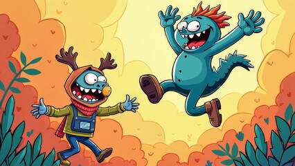 Fototapeta premium Colorful cartoon-style illustration of two playful monsters jumping in an autumn forest