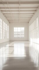 Fototapeta premium A wide, empty exhibition space with white walls, natural light streaming through windows, and a polished floor, perfect for product displays and text integration