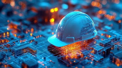 A futuristic hard hat on a digital landscape, symbolizing safety in technology and industry.