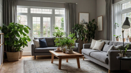 Bright Living Room with Grey Sofa, Houseplants, and Table – Cozy and Inviting Interior Design Inspiration
