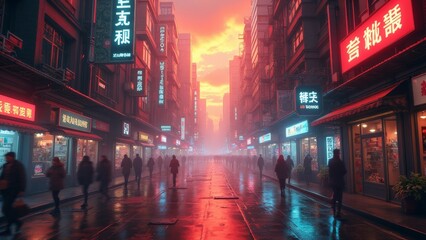 Bustling Asian Street Market at Dusk with Neon Signs and Wet Streets