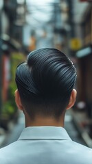 Fototapeta premium Modern hairstyle of a man in a narrow urban alley during daylight